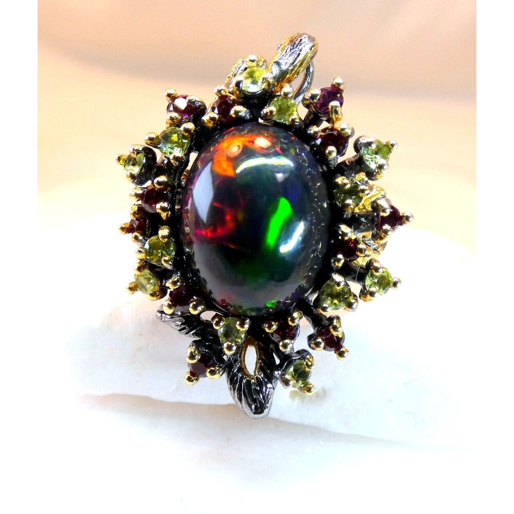 Natural Large 6 CT Black Opal-Rubies-Emeralds Sterling Silver Ring Size 7.75